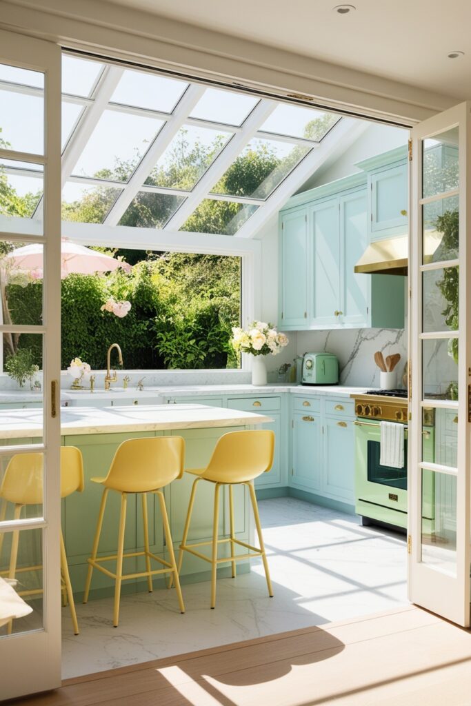 Bright airy open kitchen with full glass wall opening to a garden, pastel baby blue cabinetry, white marble counters