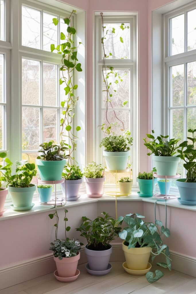 Bright bay window filled with pastel-colored plant pots