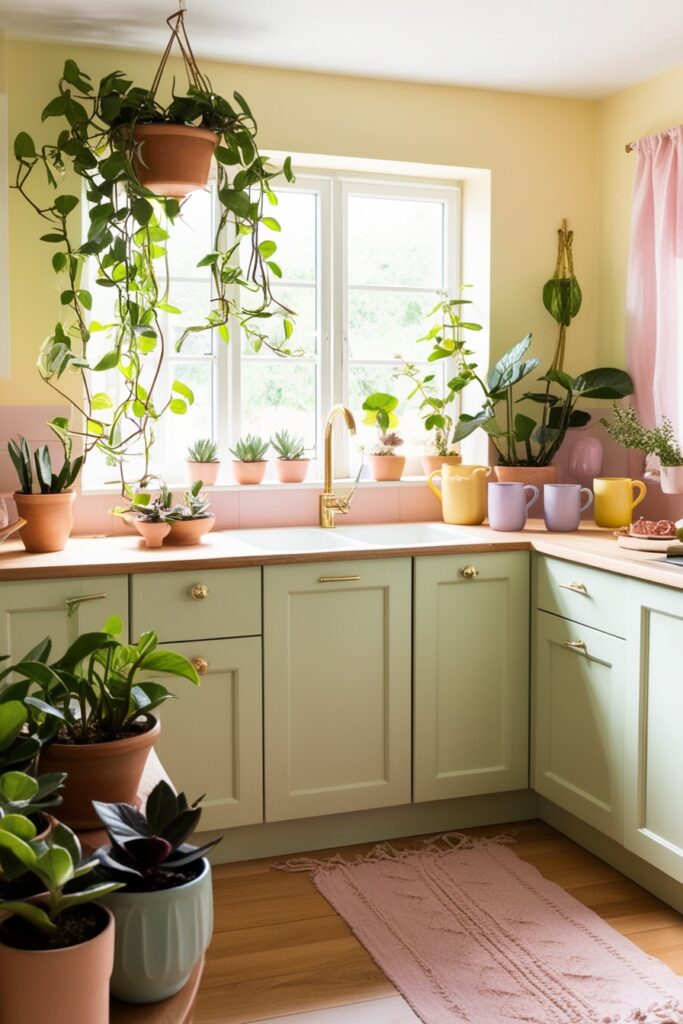 Bright boho kitchen filled with greenery—trailing pothos, mint in clay pots, succulents in pastel mugs