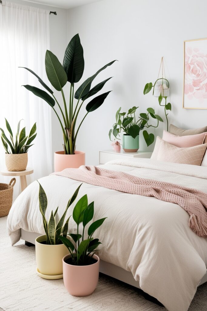 Bright girly bedroom with indoor plants like snake plant, monstera, and pothos in pastel-colored pots