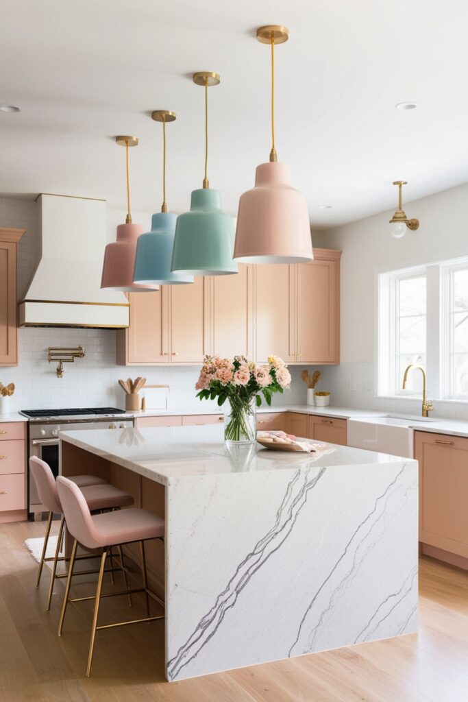 Bright open kitchen with statement pastel-colored pendant lights