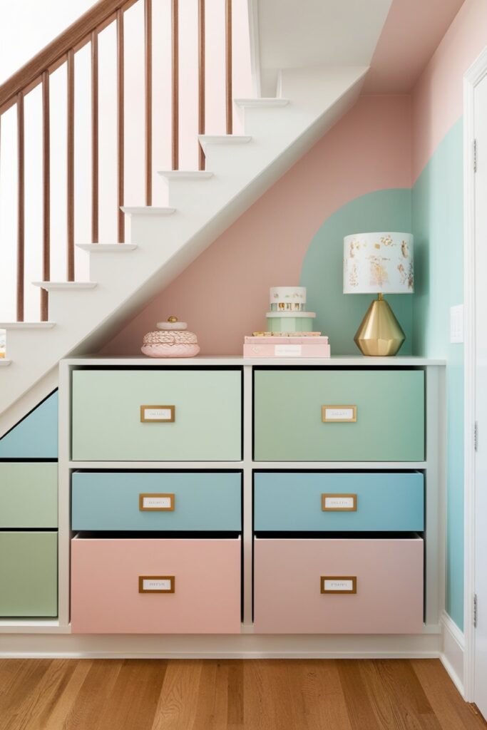 Built-in storage drawers under a staircase
