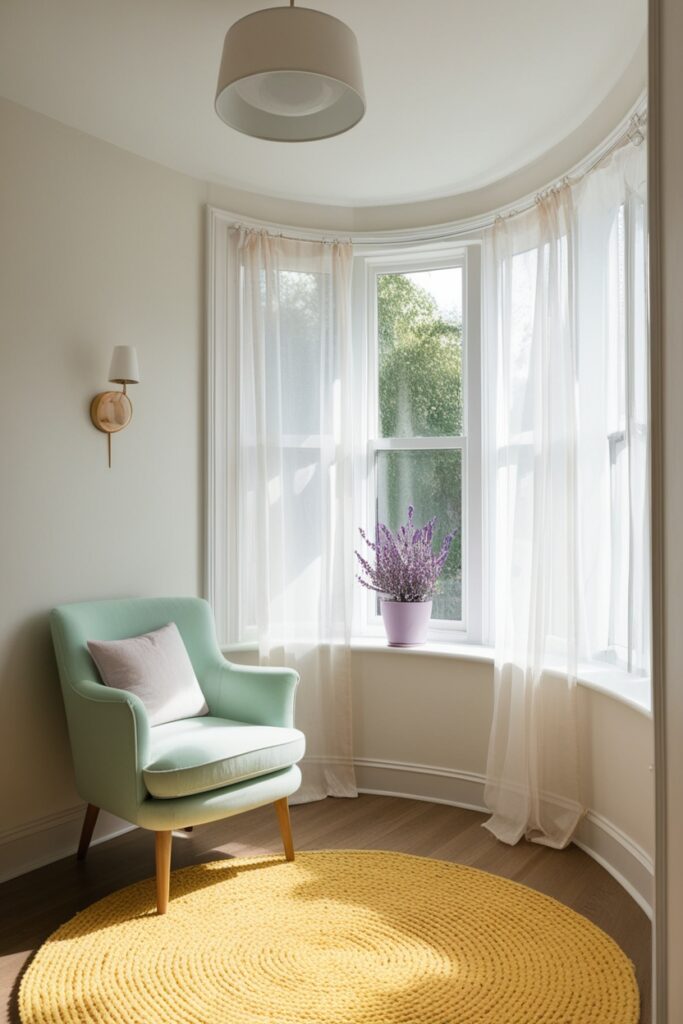Calm and minimal bay window space with a single pastel armchair
