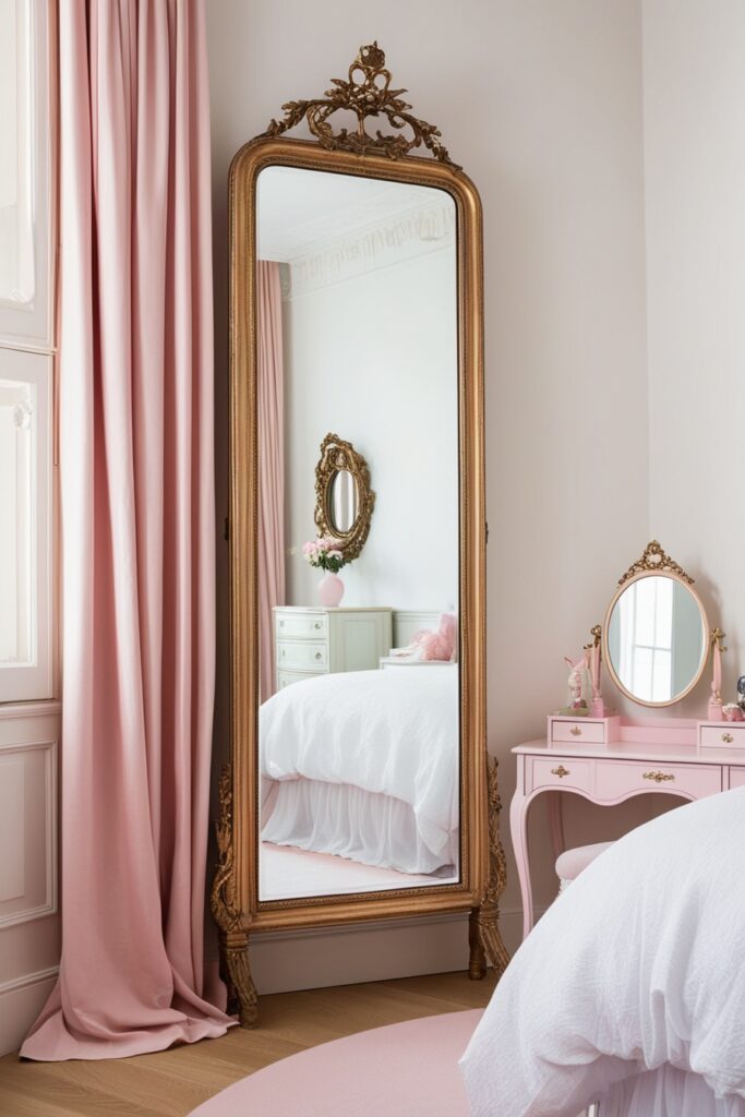 Chic and girly bedroom with a tall antique-style mirror with a gold frame, pastel blush and white tones
