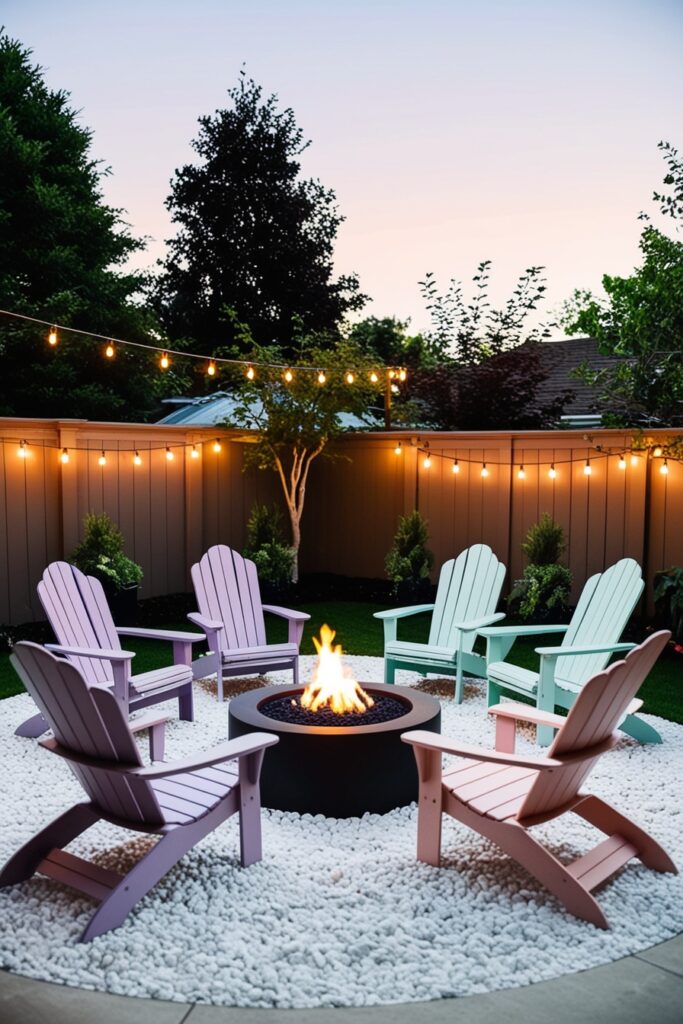 Chic backyard with a small circular fire pit surrounded by white gravel, pastel-colored Adirondack chairs