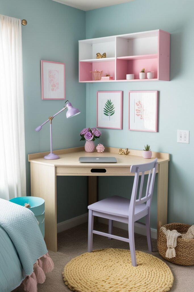 Chic corner desk setup in a bedroom, light wood corner desk