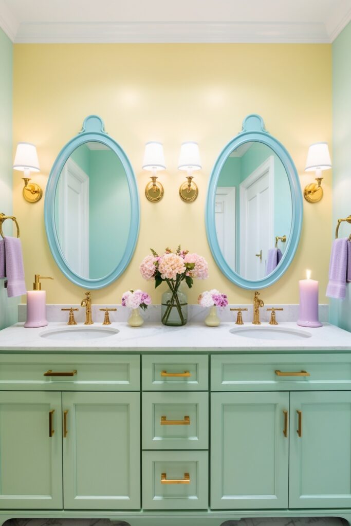 Chic double vanity in a pastel palette—mint green cabinetry with gold handles, butter yellow sconces