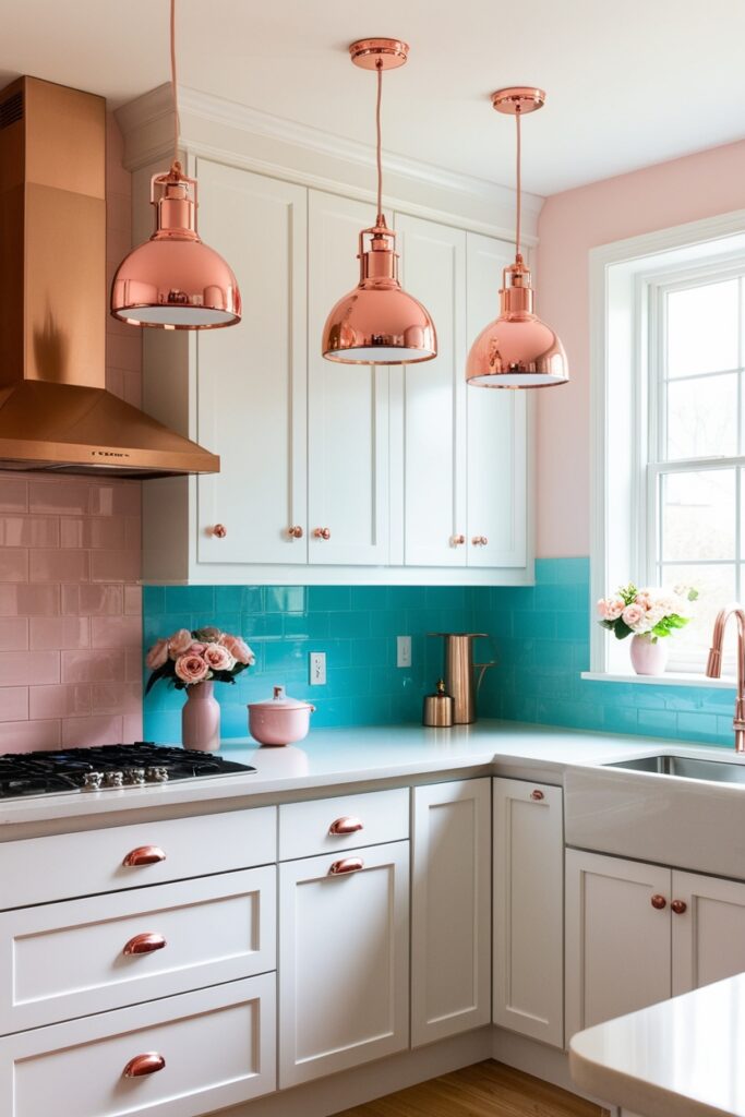 Chic small kitchen with rose gold pendant lights, pastel accents, white cabinets, glossy baby blue backsplash