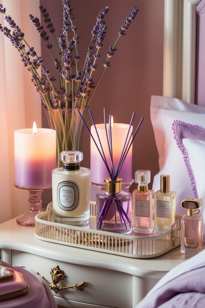Classy bedroom vignette with a vanity holding elegant scented candles, a glass diffuser with lavender stems,