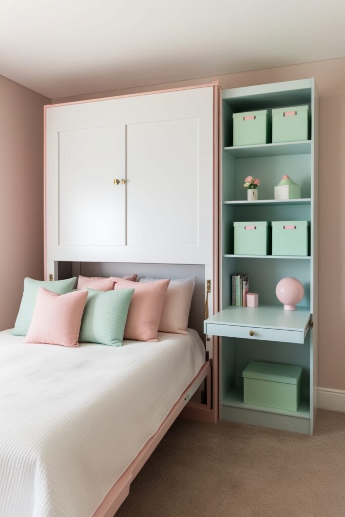 Compact bedroom with a Murphy bed in pastel white and blush tones, fold-out desk on the underside