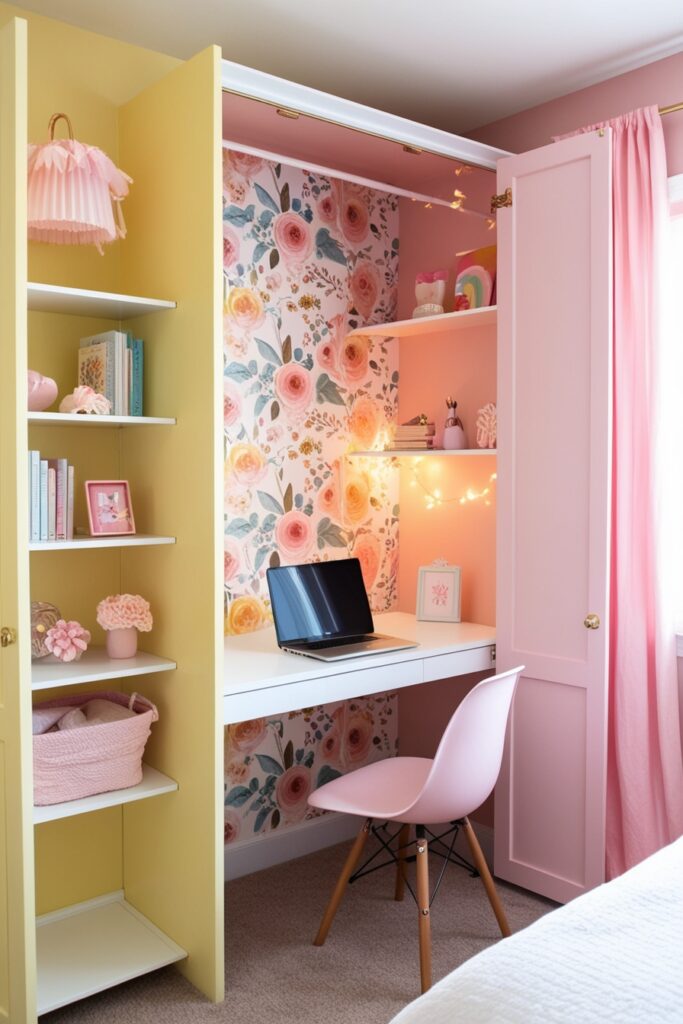 Converted closet office inside a pastel-themed bedroom, butter yellow and baby pink closet walls (2)