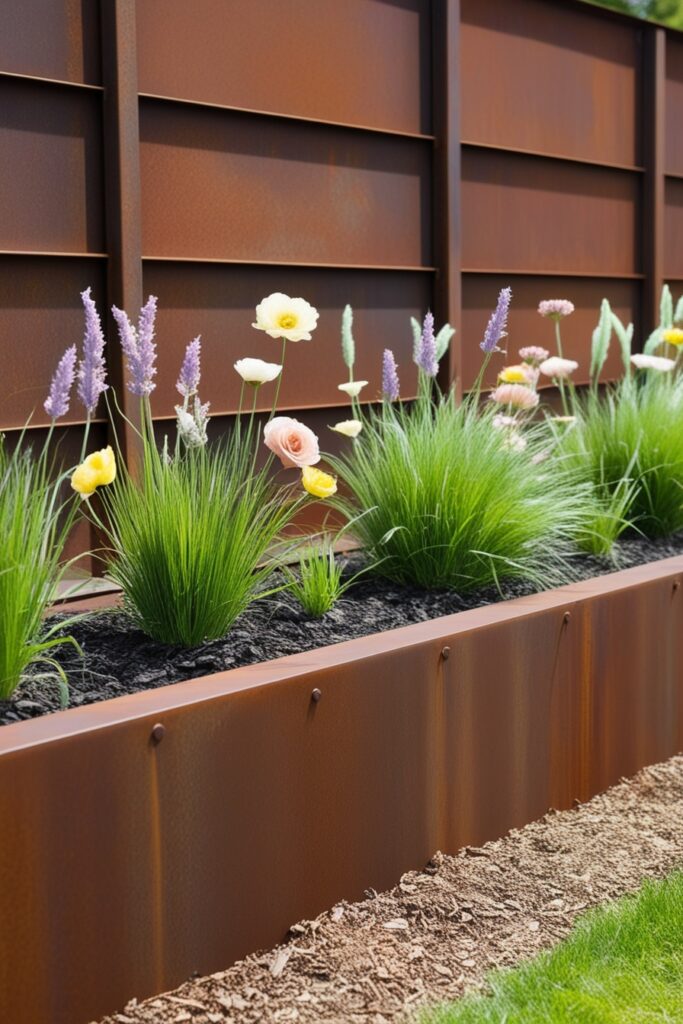 Corten steel retaining wall with soft pastel wildflowers planted