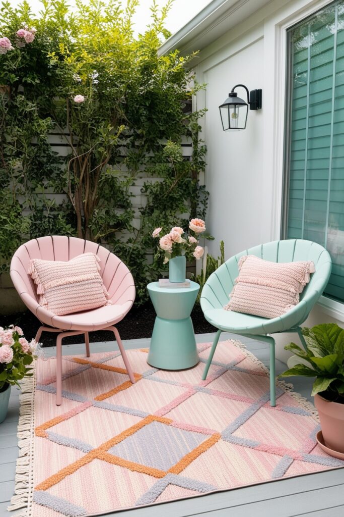 Cozy backyard seating area with a pastel geometric outdoor rug, modern blush and mint garden chairs