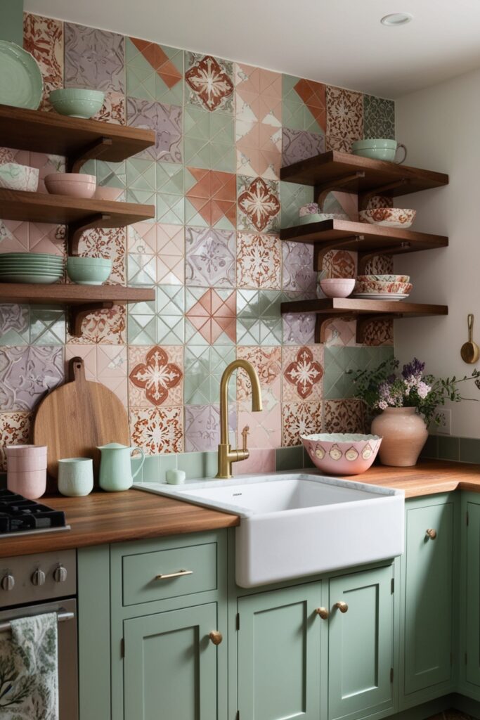 Cozy boho kitchen with zellige tile backsplash in mixed tones of sage, blush, lavender, and terracotta, open wooden shelves