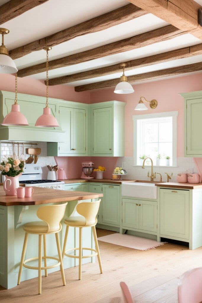 Cozy farmhouse-inspired kitchen with light mint green cabinets and rustic wood beams across the ceiling
