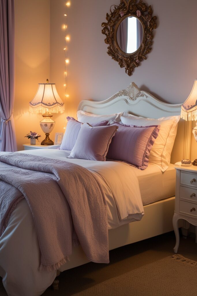 Cozy feminine bedroom at golden hour, soft ambient lighting from warm bedside lamps and fairy lights