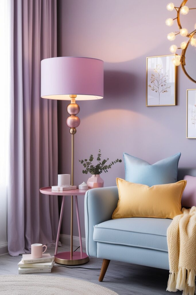 Cozy pastel room with modern ambient lighting—lavender floor lamp, blush pink table lamp