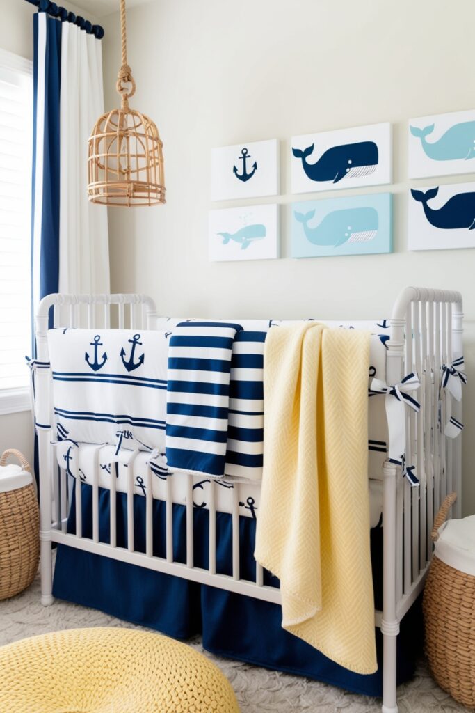 Crib with pastel nautical bedding—anchors, stripes, and whales (2)