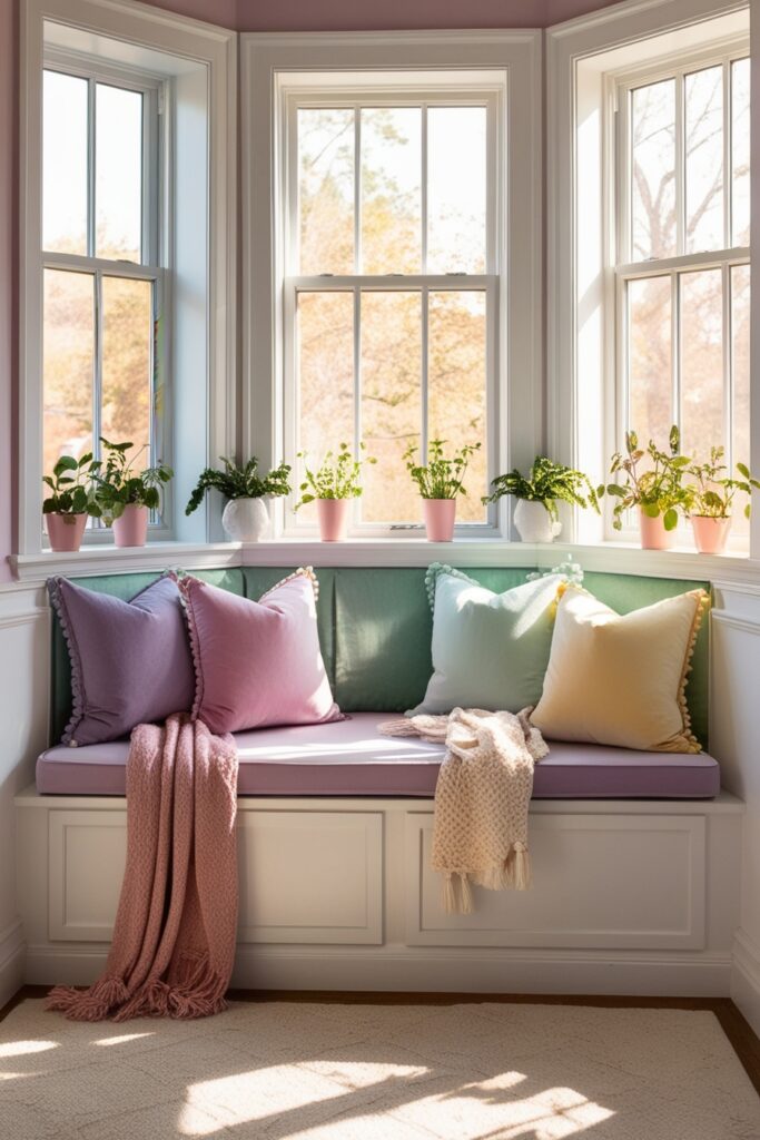 Custom bay window banquette seating with hidden storage