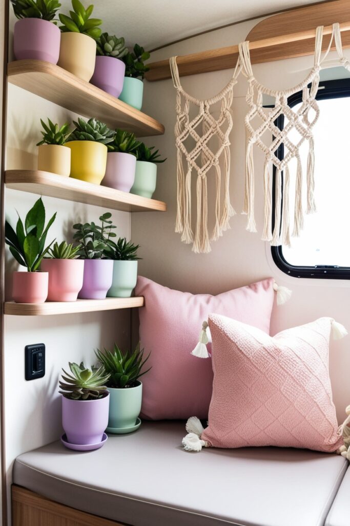 Cute RV corner with small pastel-colored plant pots