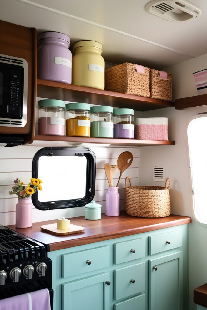 Cute RV kitchen decorated with pastel jars and containers
