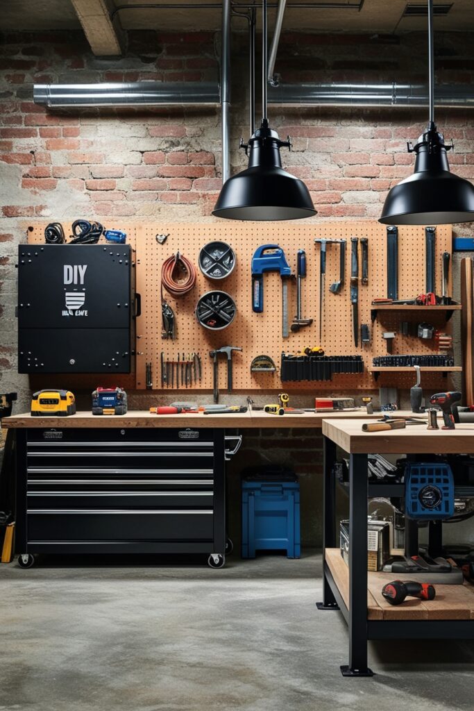 DIY man cave workshop with concrete floors, exposed brick walls, industrial lighting, black and metal tool chests