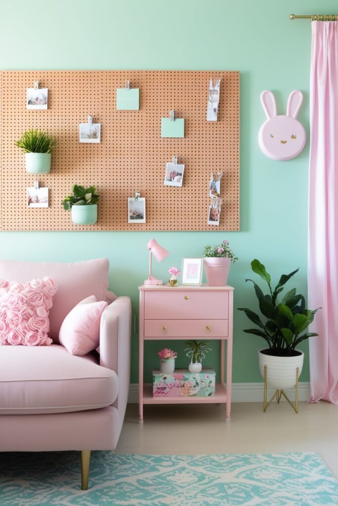 DIY pegboard wall in a girly living room, painted in mint green and blush pink, decorated with cute planters