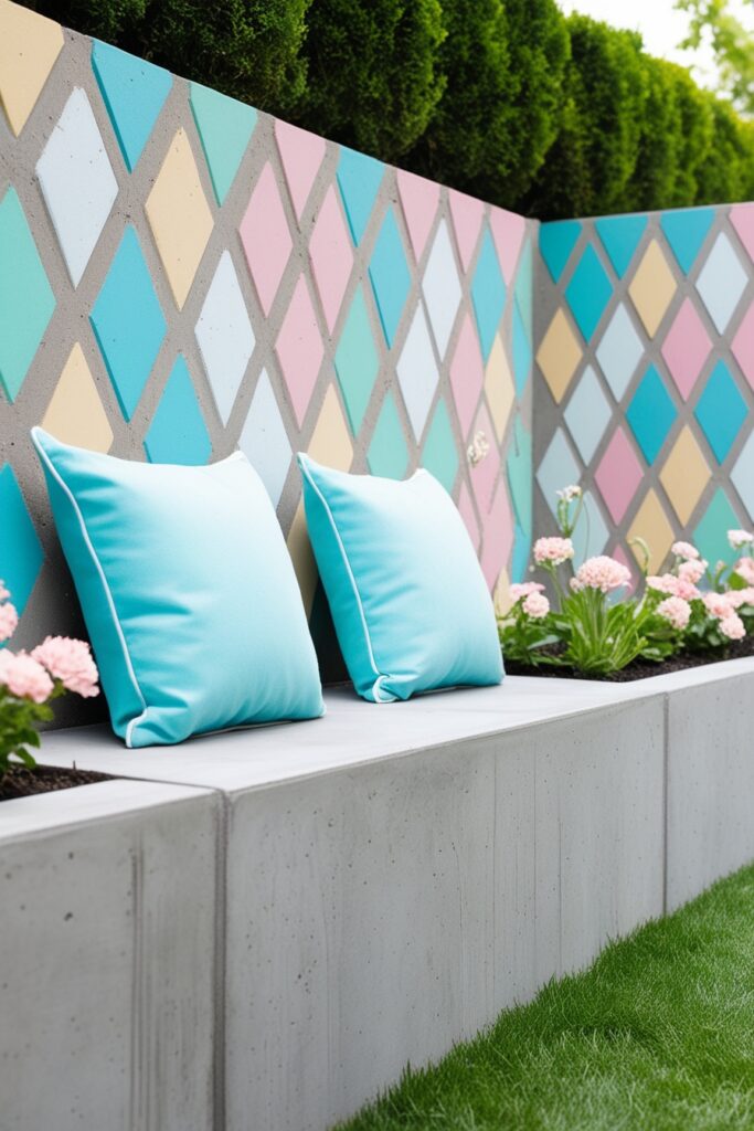 Decorative concrete retaining wall with pastel-toned geometric patterns