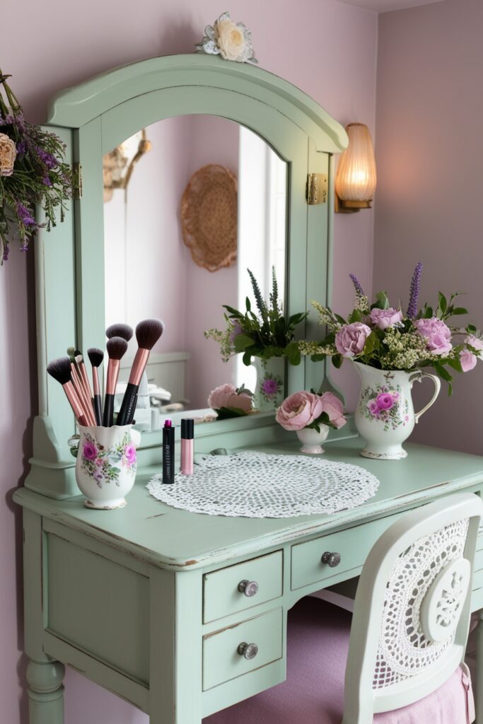 Distressed wooden vanity in soft pastel sage green, lace doilies, floral china holding brushes