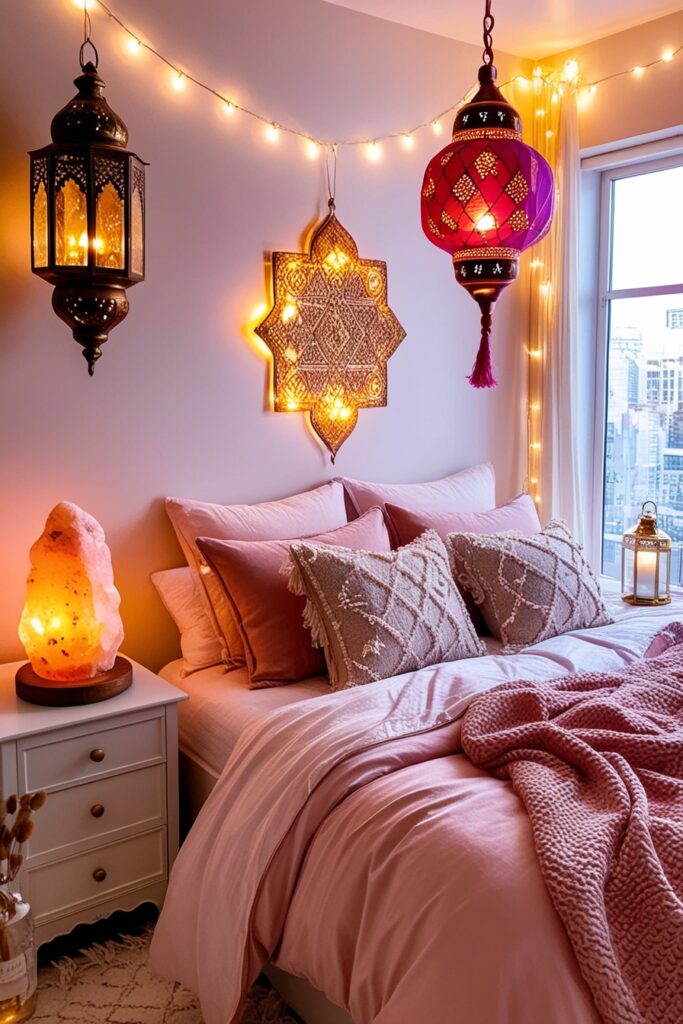 Dreamy boho bedroom with fairy lights, Moroccan lanterns, Himalayan salt lamp, candles, golden glow