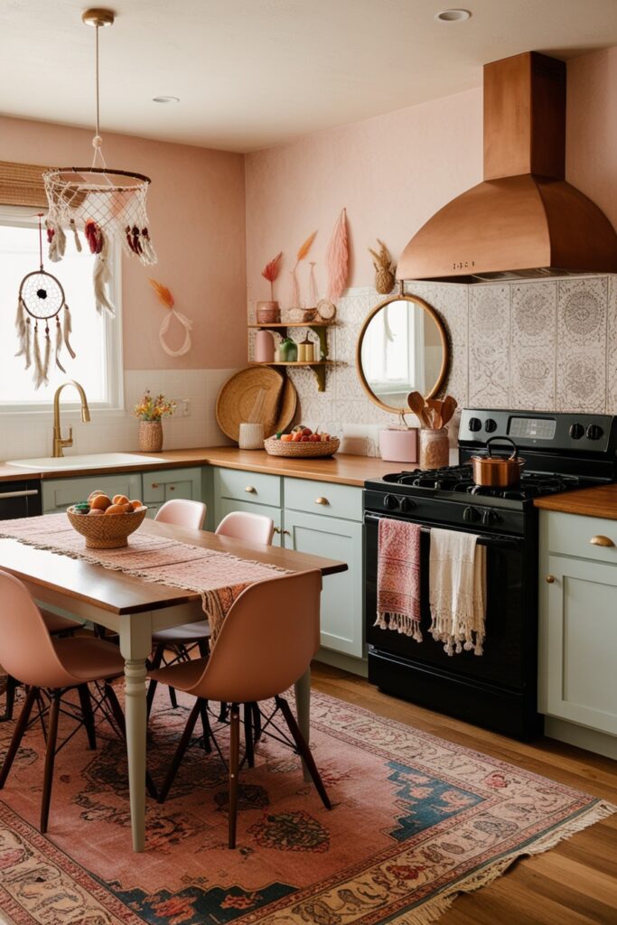 Eclectic boho kitchen featuring a Persian rug under the dining table, a decorative mirror
