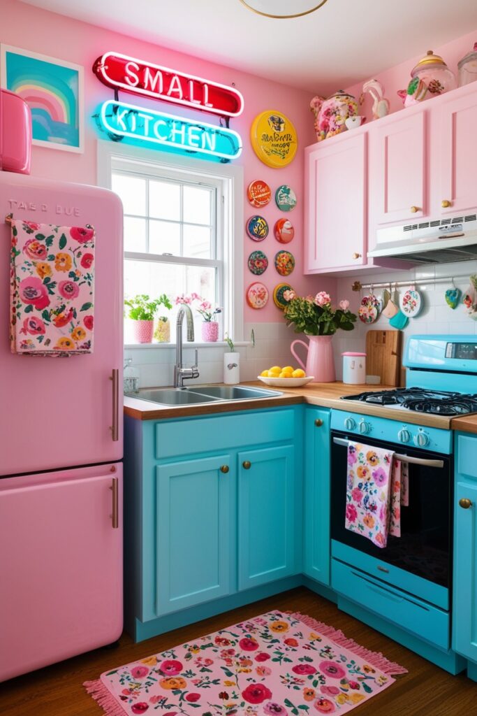 Eclectic small kitchen with pastel neon sign, colorful fridge magnets, floral pastel tea towels