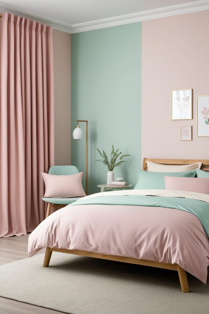 Elegant girly bedroom in a cohesive color palette of blush pink, mint green, and ivory, matching curtains and bedding