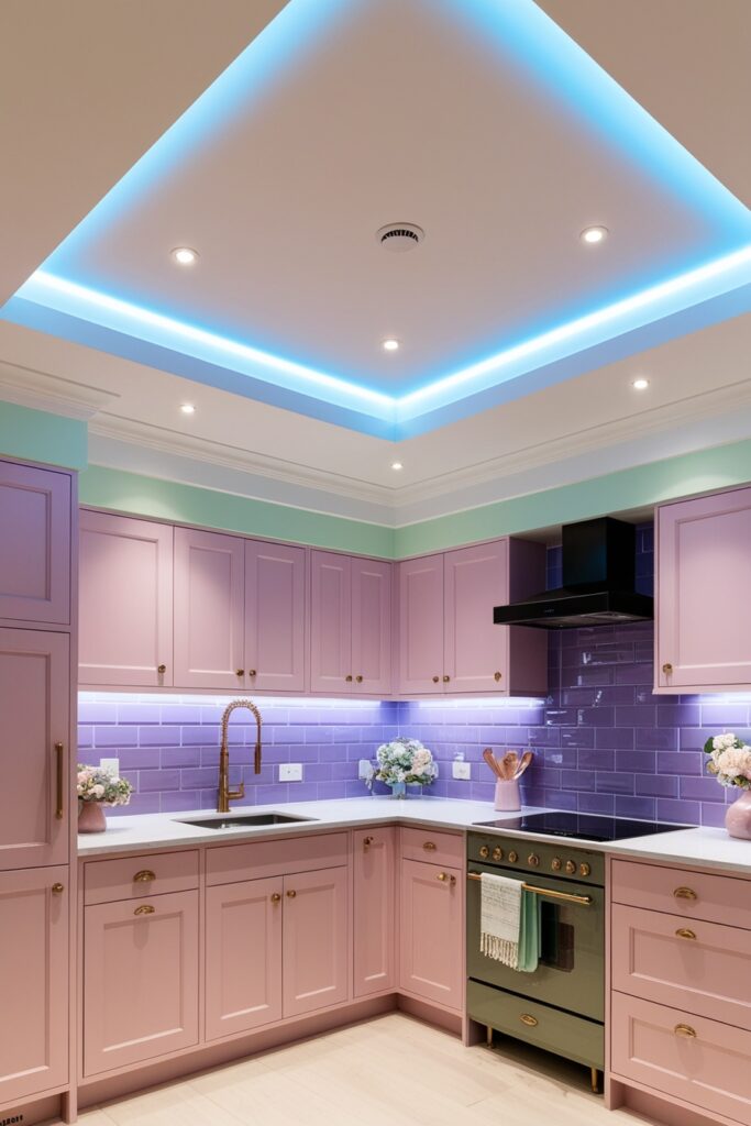 Elegant kitchen with a tray ceiling featuring LED strip lights