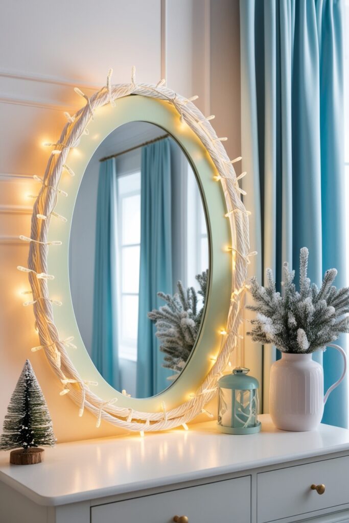 Elegant winter interior with warm white fairy lights wrapped around a pastel mint green mirror,