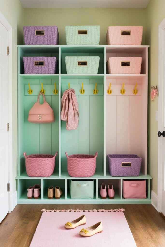 Entryway with pastel cubbies and baskets for shoes. Mint green cubby shelf