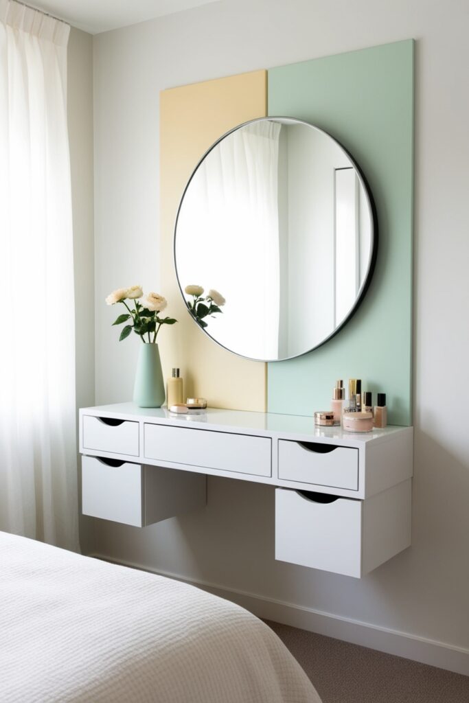 Floating white vanity with a sleek round mirror, neutral pastel palette