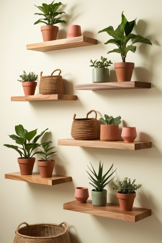 Floating wooden shelves in natural oak and warm walnut tones arranged asymmetrically on a cream wall