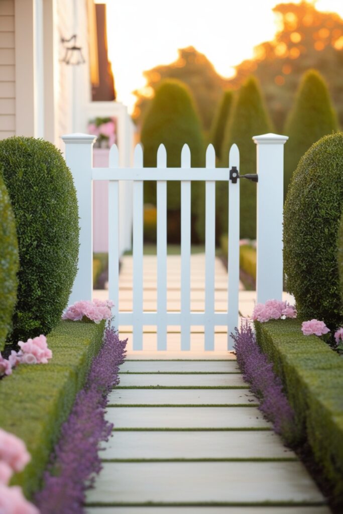 Front yard with neatly trimmed pastel green hedges, white wooden gate, flower borders