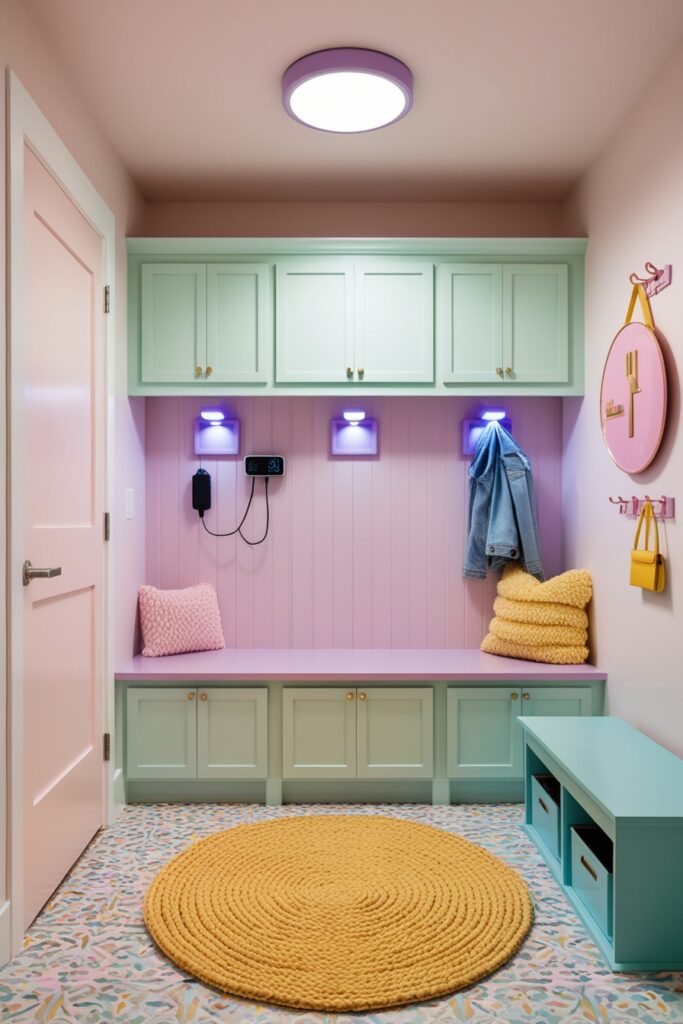 Futuristic but girly pastel mud room with motion-sensor lights, lavender charging station