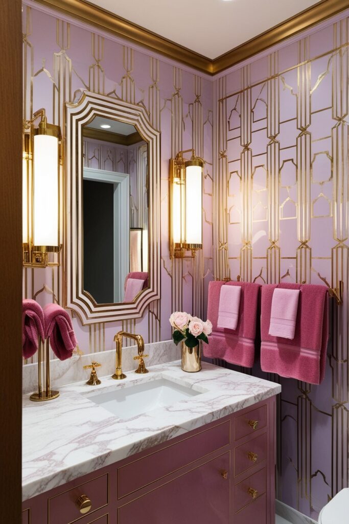 Glamorous art deco bathroom with soft lavender and gold geometric wallpaper