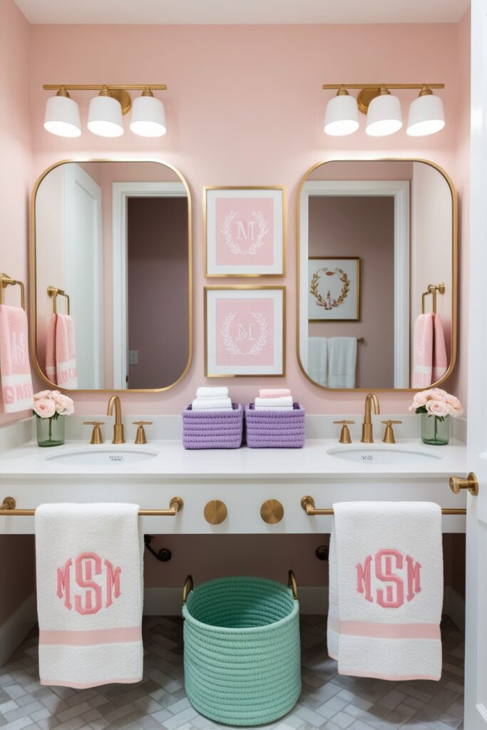 Jack and Jill bathroom styled with pastel monogrammed towels, mint green and lavender baskets