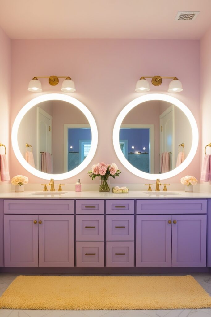 Jack and Jill bathroom with a huge round mirror spanning double vanities, lavender cabinetry