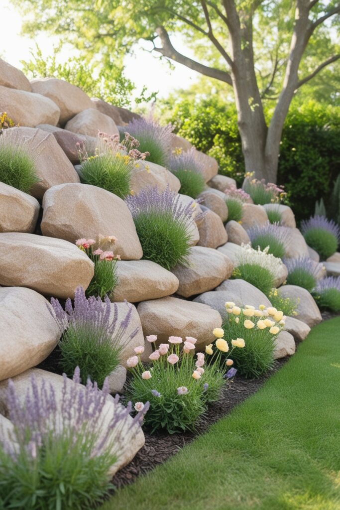 Large natural boulder retaining wall softened with pastel wildflowers