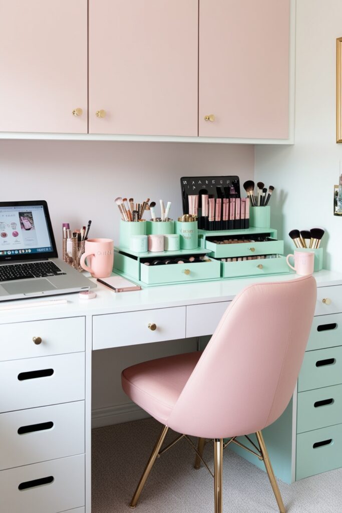 Large pastel vanity setup with multiple drawers, laptop on one side and makeup neatly organized