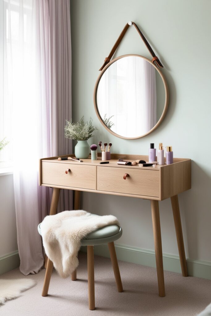 Light oak vanity table with clean lines, round mirror with leather strap