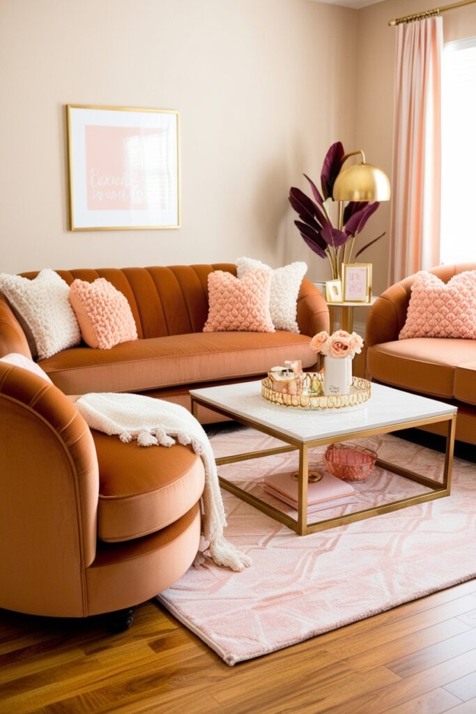 Living room scene with a plush caramel velvet couch, soft round arms, and peach and cream throw pillows