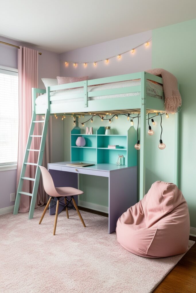 Loft bed in a modern pastel bedroom, workspace underneath with a compact desk