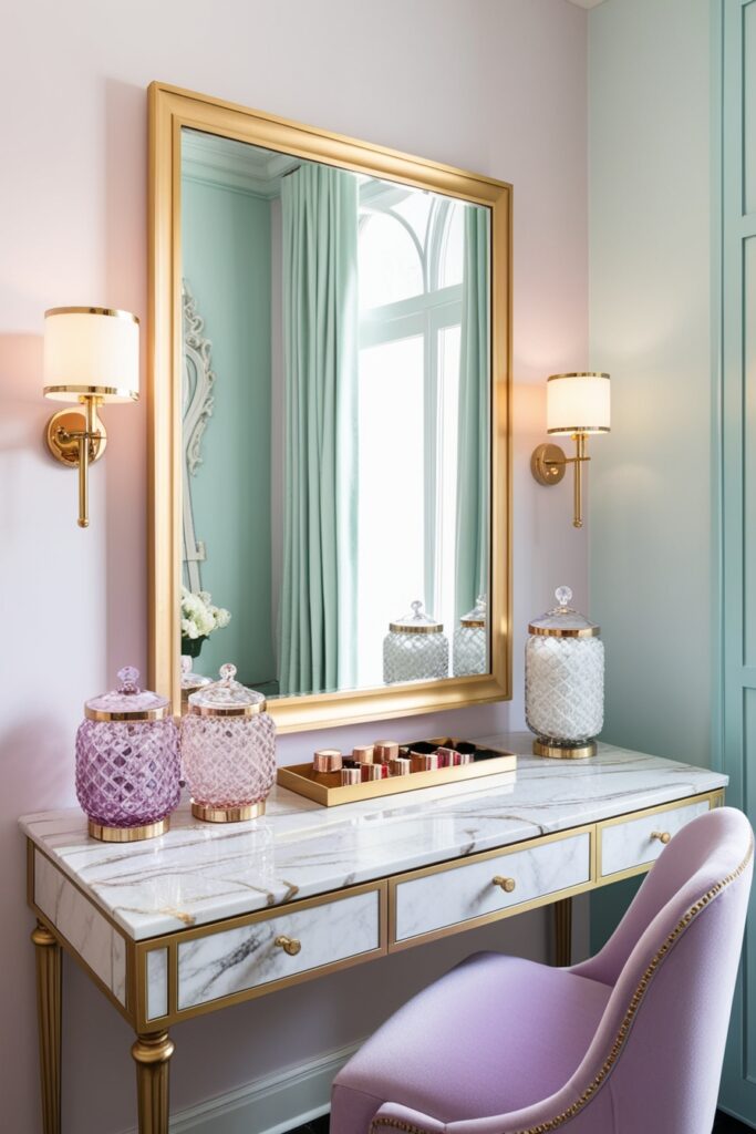 Marble-top vanity with gold-framed mirror, crystal jars, pastel velvet stool