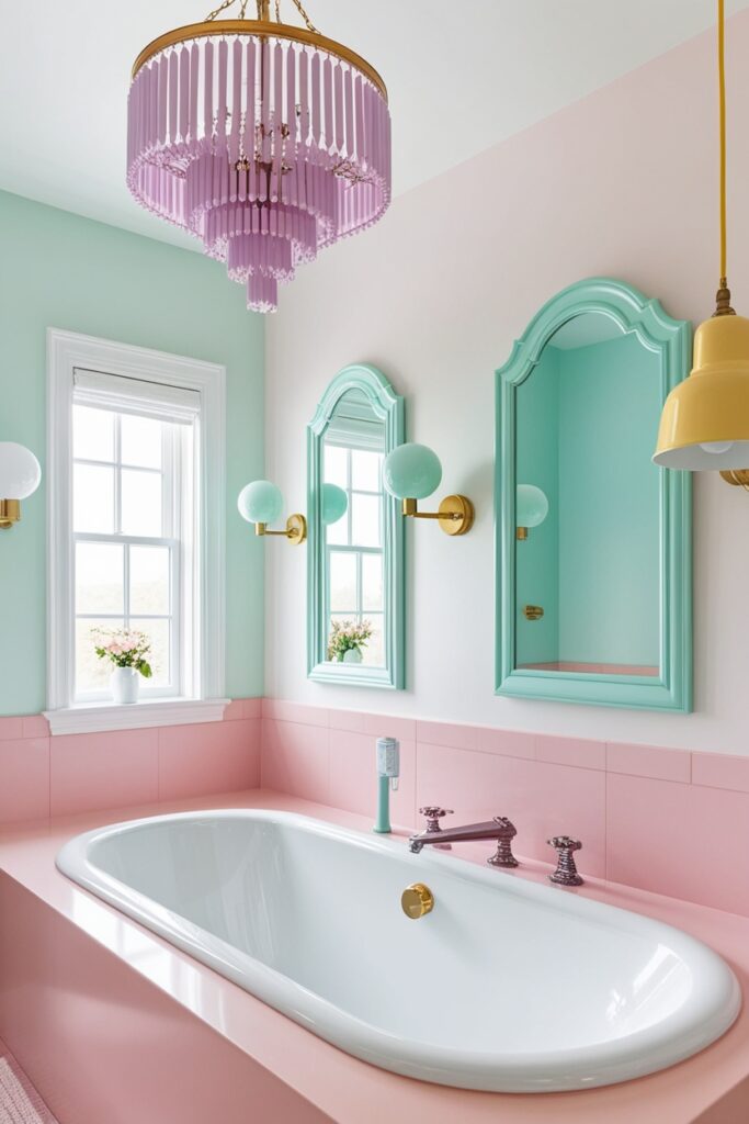 Master bath with aesthetic pastel lighting—a pastel chandelier in lavender, mint green sconces